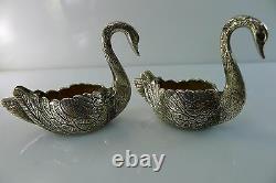 Solid Silver Pair Of Rare Antique Salt & Pepper Cellars Swan Shaped