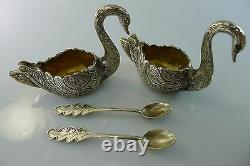 Solid Silver Pair Of Rare Antique Salt & Pepper Cellars Swan Shaped