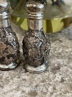 Sterling Salt Pepper Shakers Silver Overall Cheeey Blossom Pair Antique Vtg