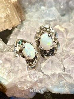 Sterling Silver Opal Earrings Vintage Stud Pierced Ear Brilliant Color Gemstones