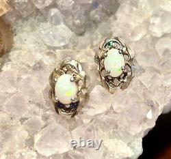 Sterling Silver Opal Earrings Vintage Stud Pierced Ear Brilliant Color Gemstones