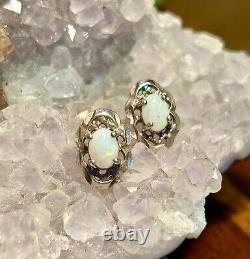 Sterling Silver Opal Earrings Vintage Stud Pierced Ear Brilliant Color Gemstones