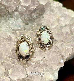 Sterling Silver Opal Earrings Vintage Stud Pierced Ear Brilliant Color Gemstones