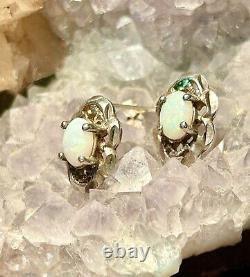 Sterling Silver Opal Earrings Vintage Stud Pierced Ear Brilliant Color Gemstones