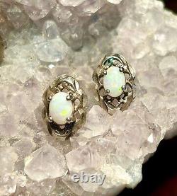 Sterling Silver Opal Earrings Vintage Stud Pierced Ear Brilliant Color Gemstones