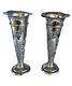 Sterling Silver Pair Weighted Raised Design Trumpet Bud Vases 5.0 Tall Vintage