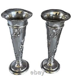 Sterling silver Pair Weighted Raised Design Trumpet Bud Vases 5.0 Tall Vintage