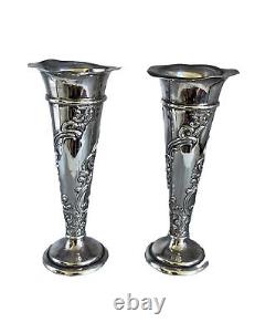 Sterling silver Pair Weighted Raised Design Trumpet Bud Vases 5.0 Tall Vintage