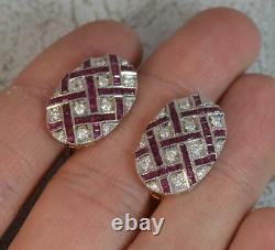 Stunning Pair Of Vintage 925 Silver Pink Ruby and White CZ Cluster Stud Earrings