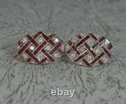 Stunning Pair Of Vintage 925 Silver Pink Ruby and White CZ Cluster Stud Earrings