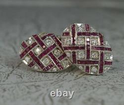 Stunning Pair Of Vintage 925 Silver Pink Ruby and White CZ Cluster Stud Earrings