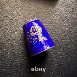 Stunning Vintage Blue Enamel Guilloche Sterling Silver Thimble Victorian Couple