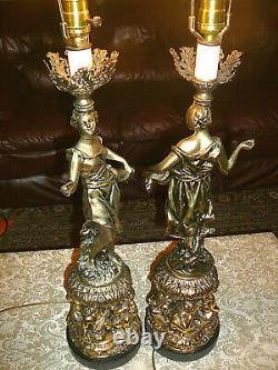 Superb, Very Rare, Pair Vintage Art Nouveau Spelter Table Lamps w Dancing Ladies