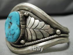 Superlative Vintage Navajo Natural Turquoise Leaf Sterling Silver Bracelet Old