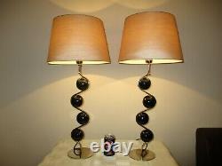 Tall Pair Of Designer Chrome Table Lamps With Vintage Shades