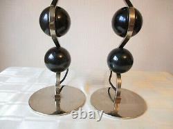 Tall Pair Of Designer Chrome Table Lamps With Vintage Shades