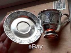 Tea Pair Cup & Saucer Vintage Kubachi Niello Sterling Silver 925 Etching 160 gr