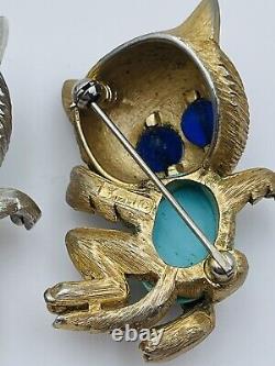 Trifari Vintage Pair Gold & Silver Plated Turquoise & Pearl Belly Cat Pins