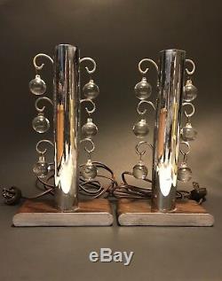 UNUSUAL Pair VINTAGE 1920s-30s High Style ART DECO Chrome & Crystal TABLE LAMPS