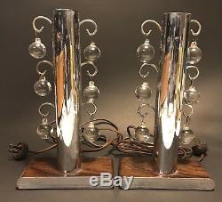 UNUSUAL Pair VINTAGE 1920s-30s High Style ART DECO Chrome & Crystal TABLE LAMPS