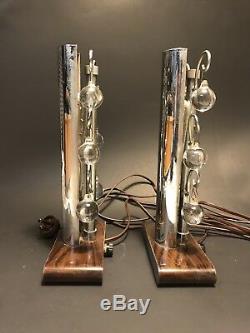 UNUSUAL Pair VINTAGE 1920s-30s High Style ART DECO Chrome & Crystal TABLE LAMPS