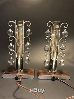 UNUSUAL Pair VINTAGE 1920s-30s High Style ART DECO Chrome & Crystal TABLE LAMPS