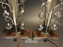 UNUSUAL Pair VINTAGE 1920s-30s High Style ART DECO Chrome & Crystal TABLE LAMPS