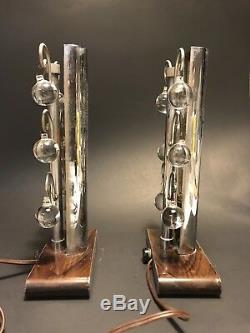 UNUSUAL Pair VINTAGE 1920s-30s High Style ART DECO Chrome & Crystal TABLE LAMPS