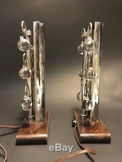 UNUSUAL Pair VINTAGE 1920s-30s High Style ART DECO Chrome & Crystal TABLE LAMPS