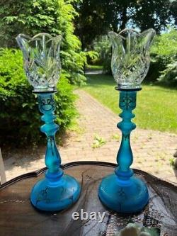 Unique Vintage Blue Glass Silver Inlay Tulip Crystal Pair Candle Holders