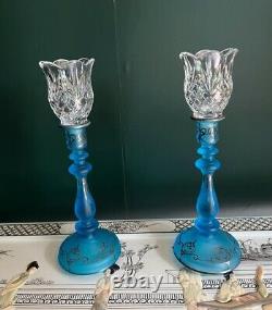 Unique Vintage Blue Glass Silver Inlay Tulip Crystal Pair Candle Holders