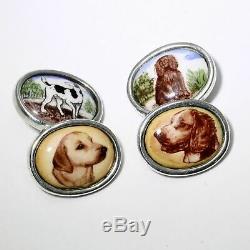 VERY RARE PAIR VINTAGE ART DECO SOLID STERLING SILVER ENAMEL DOG CUFFLINKS 1920s