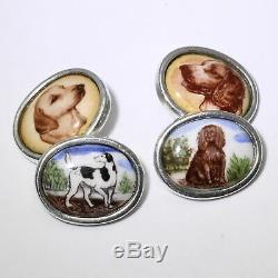 VERY RARE PAIR VINTAGE ART DECO SOLID STERLING SILVER ENAMEL DOG CUFFLINKS 1920s