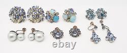 VINTAGE 6 pairs BLUE CRYSTAL CLIP JAPAN GOLD SILVER RHINESTONE CLIP EARRINGS