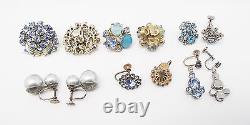 VINTAGE 6 pairs BLUE CRYSTAL CLIP JAPAN GOLD SILVER RHINESTONE CLIP EARRINGS