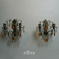 VINTAGE CLEAR AMBER CRYSTAL PRISMS PAIR WALL CANDLE HOLDERS SCONCES silver tone