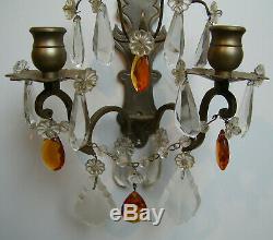 VINTAGE CLEAR AMBER CRYSTAL PRISMS PAIR WALL CANDLE HOLDERS SCONCES silver tone