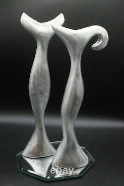 VTG Art Deco Silver Pair of Solid Cast Aluminum Candle Holders Made in Mexico