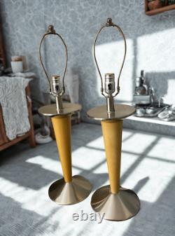 VTG MCM Wood & Silver Metal Lamp Pair 26 Minimalist Mid Century Modern