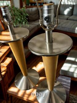 VTG MCM Wood & Silver Metal Lamp Pair 26 Minimalist Mid Century Modern