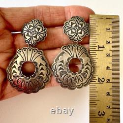 VTG Old Hand Chased Stampwork Navajo Earrings Dangle Sterling Door Knocker Nativ