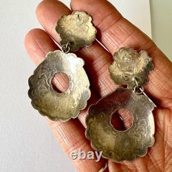 VTG Old Hand Chased Stampwork Navajo Earrings Dangle Sterling Door Knocker Nativ
