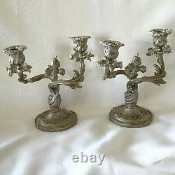 VTG PAIR Silvered Brass Candle Holders Rococo Style Acanthus Leaf Candelabras IT