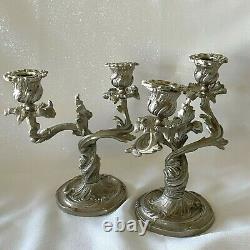 VTG PAIR Silvered Brass Candle Holders Rococo Style Acanthus Leaf Candelabras IT