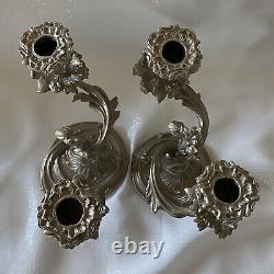 VTG PAIR Silvered Brass Candle Holders Rococo Style Acanthus Leaf Candelabras IT