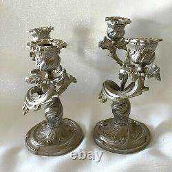 VTG PAIR Silvered Brass Candle Holders Rococo Style Acanthus Leaf Candelabras IT