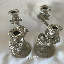 VTG PAIR Silvered Brass Candle Holders Rococo Style Acanthus Leaf Candelabras IT