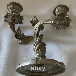 VTG PAIR Silvered Brass Candle Holders Rococo Style Acanthus Leaf Candelabras IT