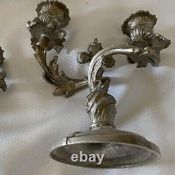 VTG PAIR Silvered Brass Candle Holders Rococo Style Acanthus Leaf Candelabras IT