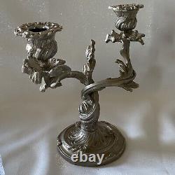 VTG PAIR Silvered Brass Candle Holders Rococo Style Acanthus Leaf Candelabras IT
